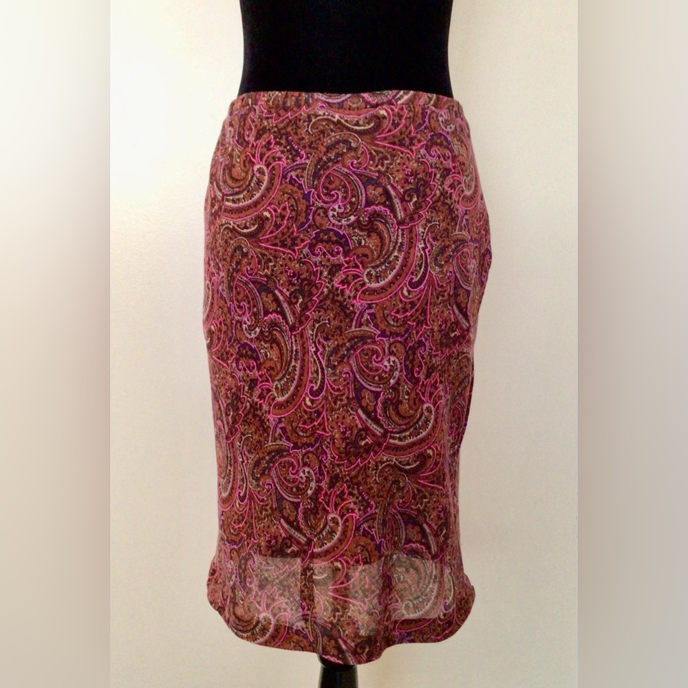EDDIE BAUER Paisley Brown Pink Navy Knee Cotton Skirt - XS